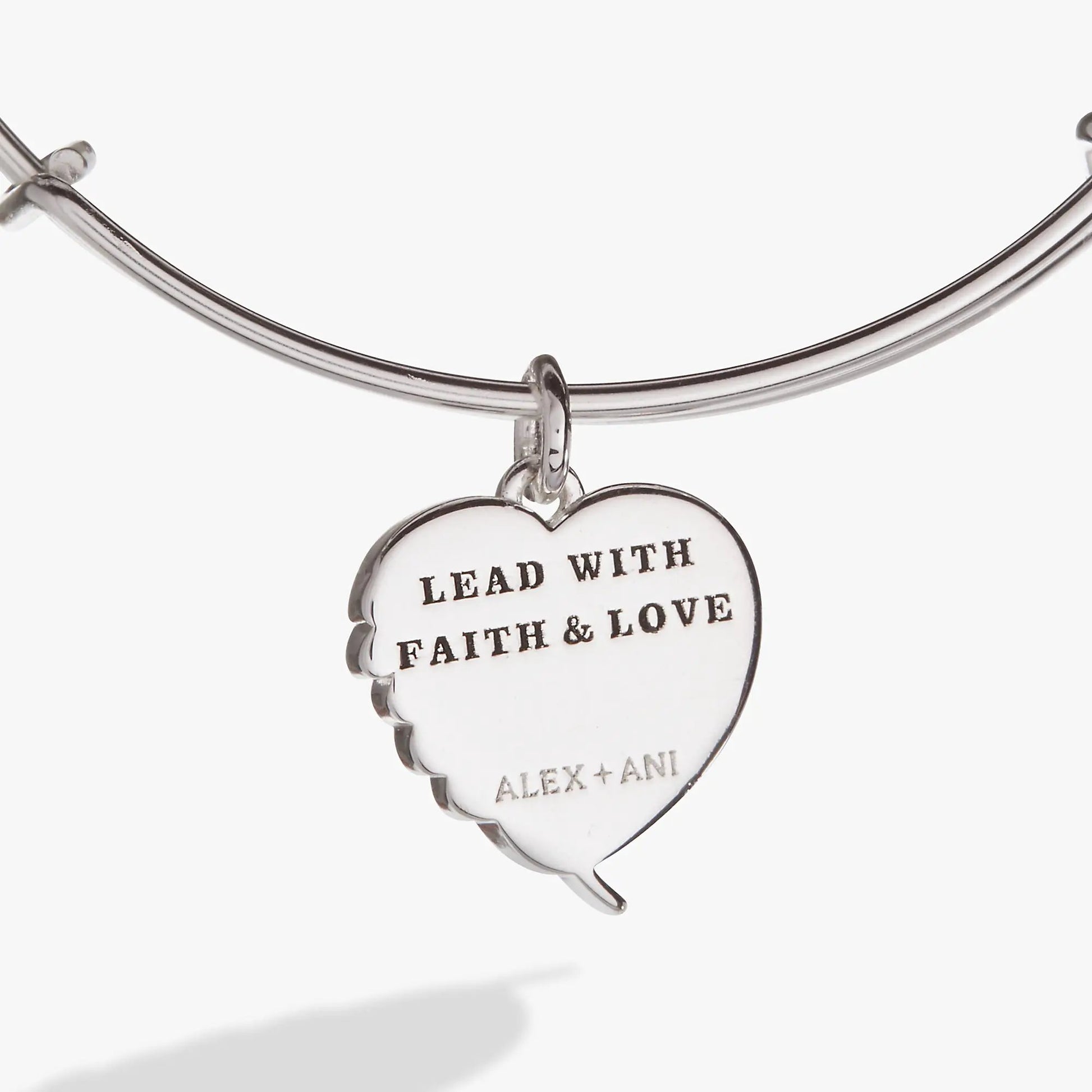 Wings of Protection charm bangle ALEX AND ANI with heart pendant engraved Lead With Faith & Love on Tampa Home & Garden Store