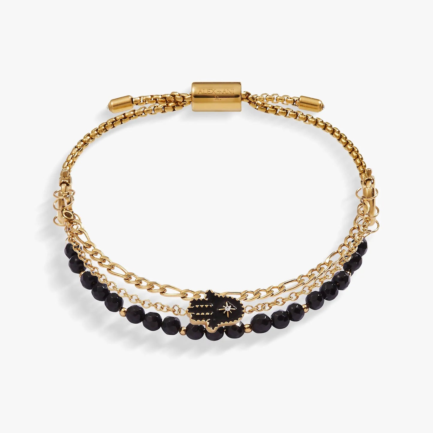 Hamsa Stranded Bracelet Set by Alex and Ani; gold-tone chains, black beads, Hamsa on Tampa Home & Garden Store