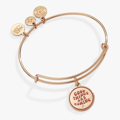 Good Things Are Coming mantra charm bangle by Alex and Ani; rose gold tone bracelet with charms on Tampa Home & Garden Store