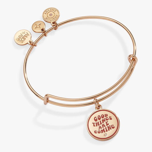Good Things Are Coming mantra charm bangle by Alex and Ani; rose gold tone bracelet with charms on Tampa Home & Garden Store