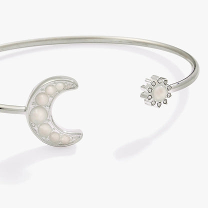 Moon + Sun Flex Cuff bracelet by ALEX AND ANI, silver-tone open cuff with pearl-inlaid moon and sunburst end motif on Tampa Home & Garden Store