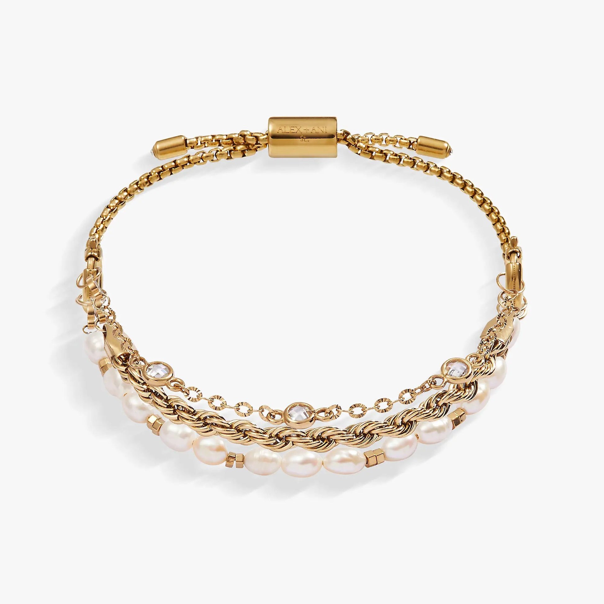 Crystal + Pearl Stranded™ Bracelet Set by ALEX AND ANI, multi-strand gold-tone with pearls and crystals on Tampa Home & Garden Store