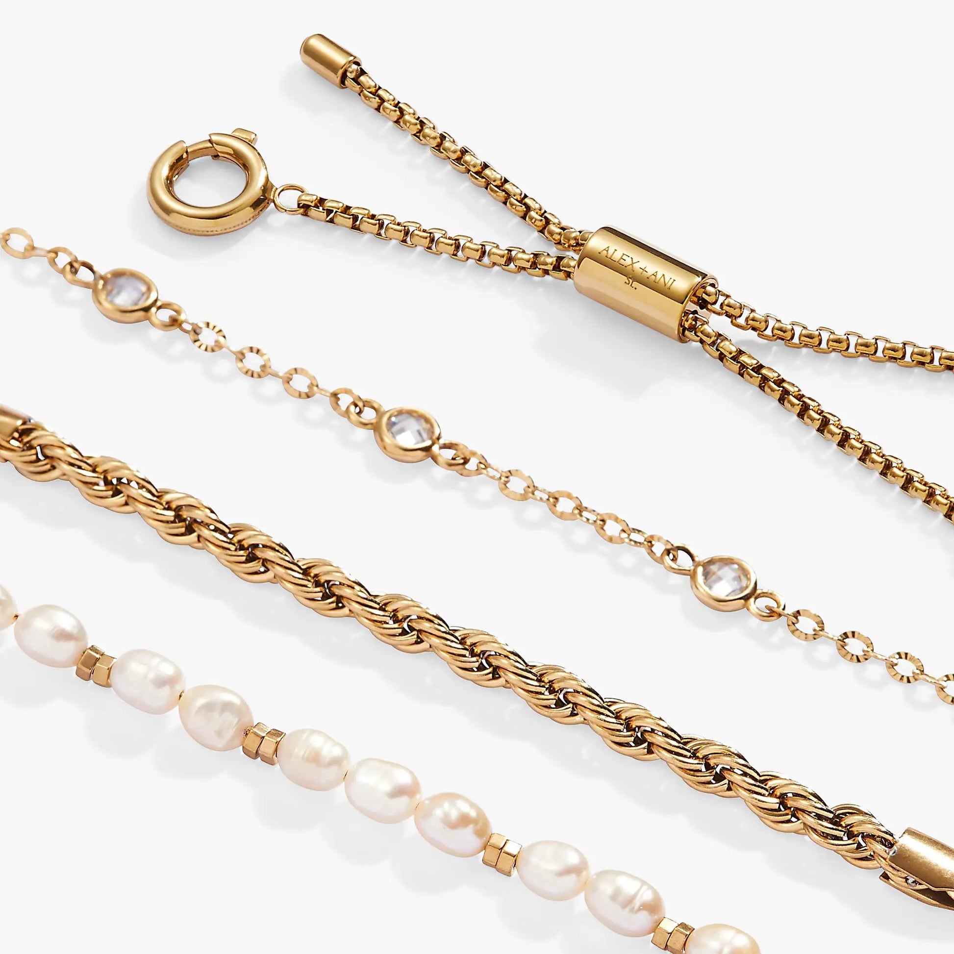 Bracelet set Crystal + Pearl Stranded™ by ALEX AND ANI; gold-tone chains with pearls on Tampa Home & Garden Store
