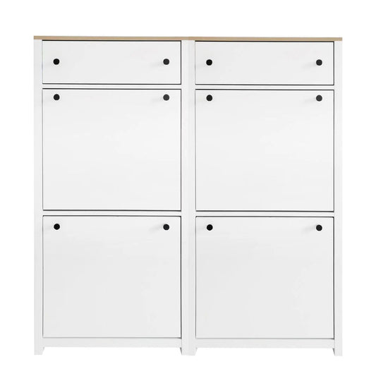 Slim white shoe cabinet set with 4 flip drawers, two side-by-side units, wood top, black knobs on Tampa Home & Garden Store