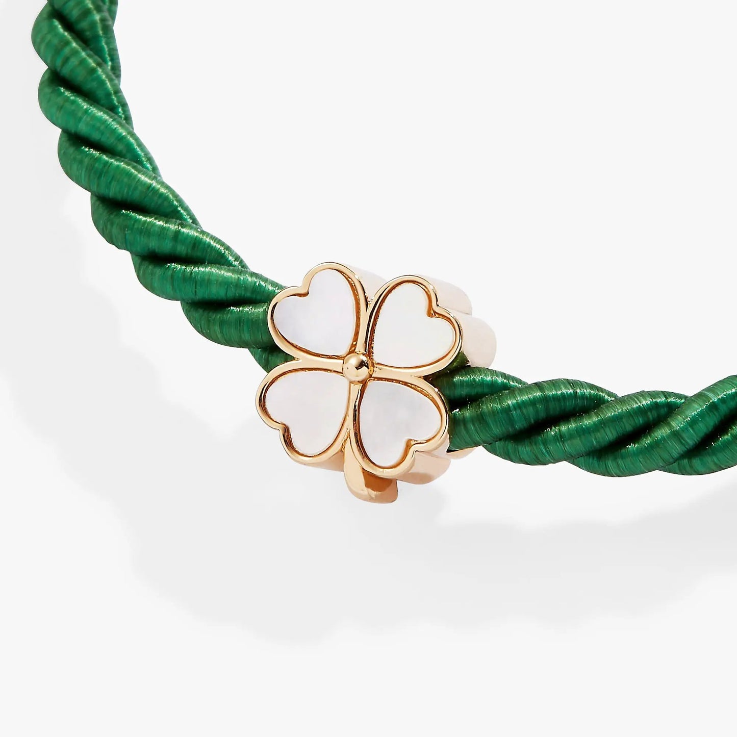 Four Leaf Clover Cord Bracelet, green twisted cord with white enamel clover accents on Tampa Home & Garden Store