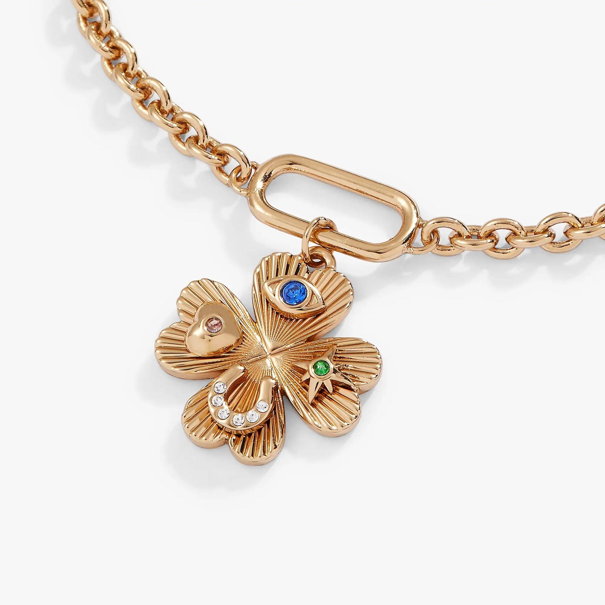 Lucky Four Leaf Clover Adjustable Bracelet, gold-tone chain with jeweled clover charm on Tampa Home & Garden Store
