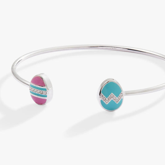 Easter Egg Flex Cuff bracelet by ALEX AND ANI; band with pink striped egg and turquoise egg on Tampa Home & Garden Store
