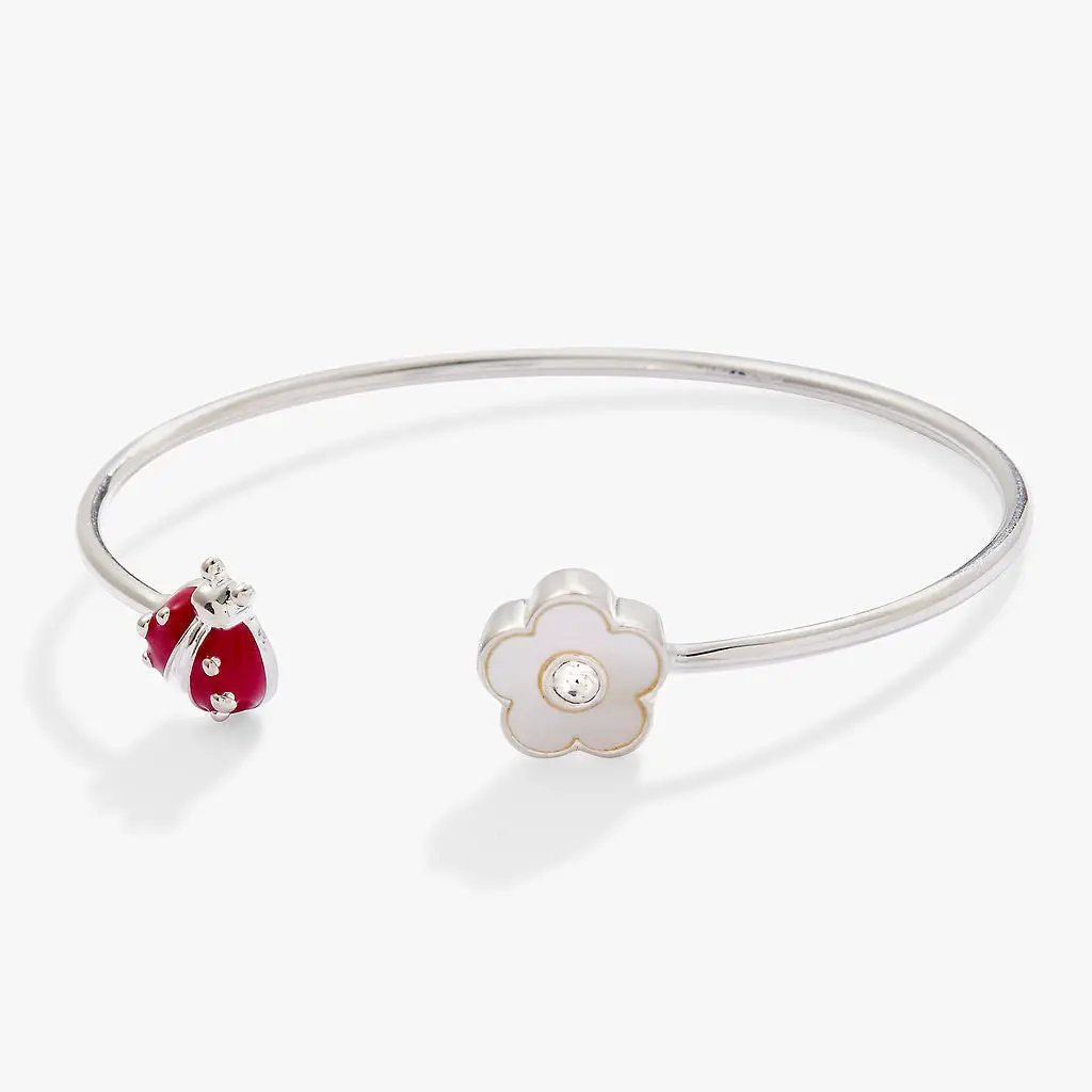 Alex and Ani Ladybug and Daisy Flex Cuff bracelet in silver with red ladybug and white daisy charms on Tampa Home & Garden Store