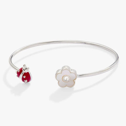 Alex and Ani Ladybug and Daisy Flex Cuff bracelet in silver with red ladybug and white daisy charms on Tampa Home & Garden Store
