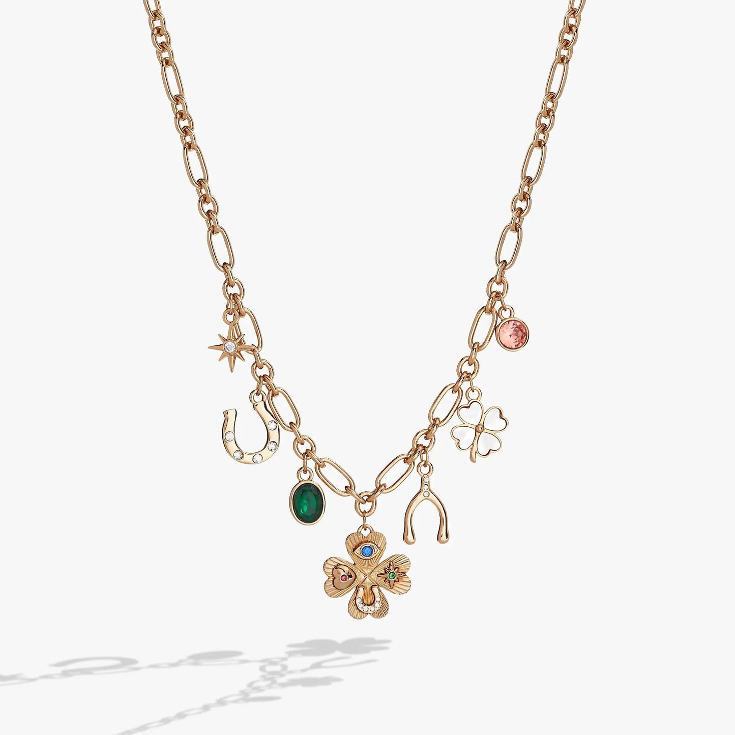 Lucky Four Leaf Clover Charm Necklace ALEX AND ANI gold-tone chain with gemstone and charms on Tampa Home & Garden Store