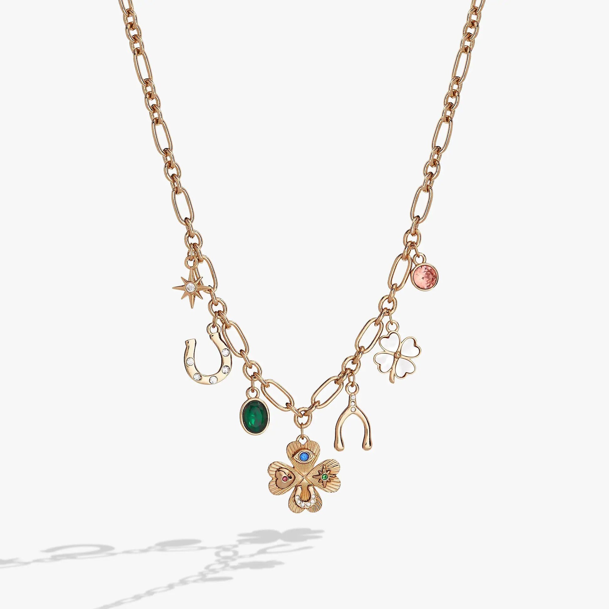 Lucky Four Leaf Clover Charm Necklace ALEX AND ANI gold-tone chain with gemstone and charms on Tampa Home & Garden Store