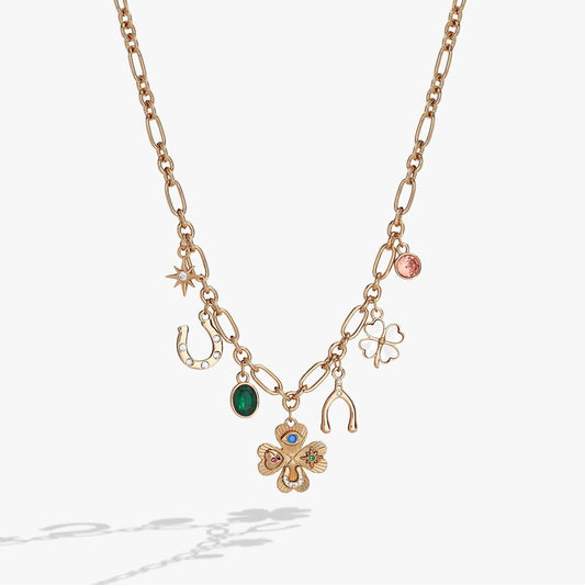 Lucky Four Leaf Clover Charm Necklace ALEX AND ANI gold-tone chain with gemstone and charms on Tampa Home & Garden Store