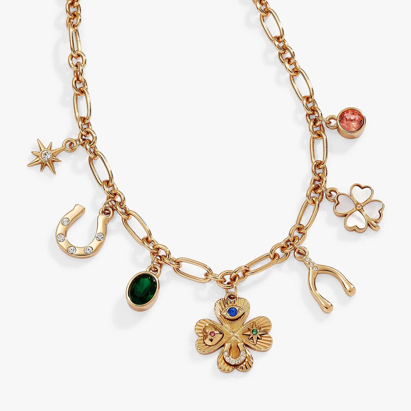 Lucky Four Leaf Clover Charm Necklace by Alex and Ani in gold-tone with assorted charms on Tampa Home & Garden Store