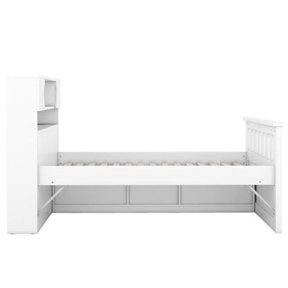 Twin Size Captain Platform Bed Frame with Storage Bookcases and Shelves,Four Drawers,White - Tampa Home & Garden Store