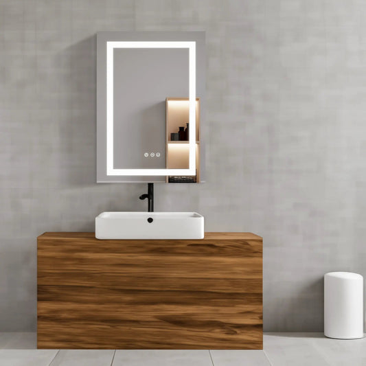 26x20 inch LED bathroom mirror cabinet with right door, wall-mounted above wooden vanity on Tampa Home & Garden Store