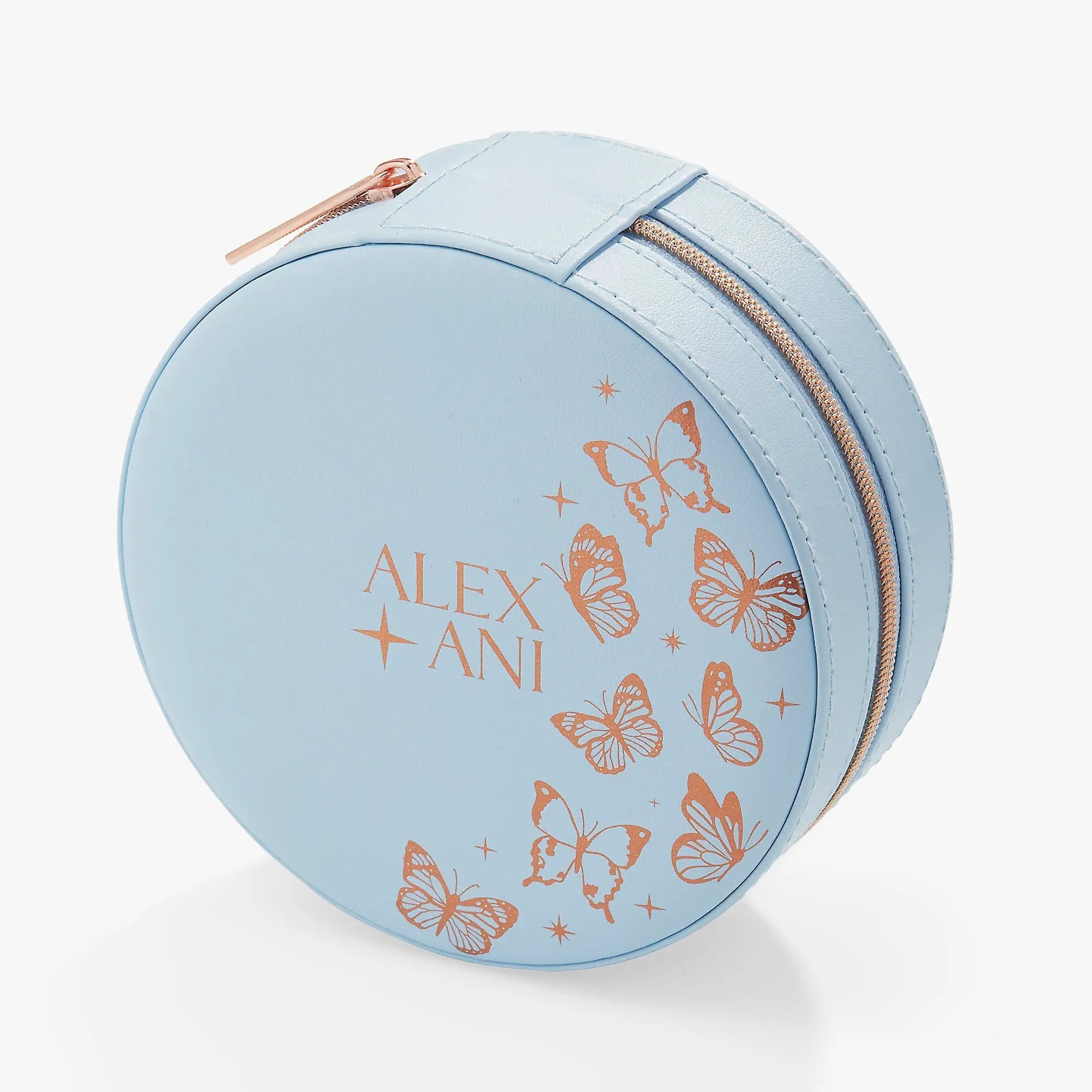 Butterfly jewelry case, blue round accessory by Alex and Ani with rose-gold zipper on Tampa Home & Garden Store