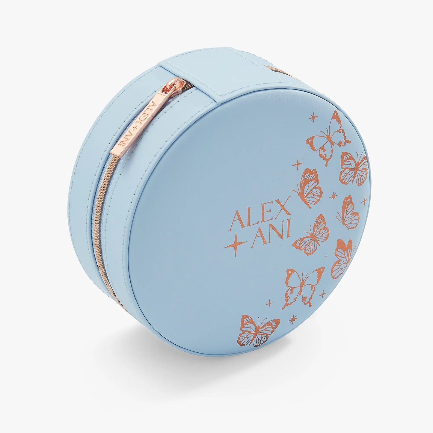 Butterfly Jewelry Case light blue round with rose gold zipper by ALEX AND ANI butterfly print on Tampa Home & Garden Store