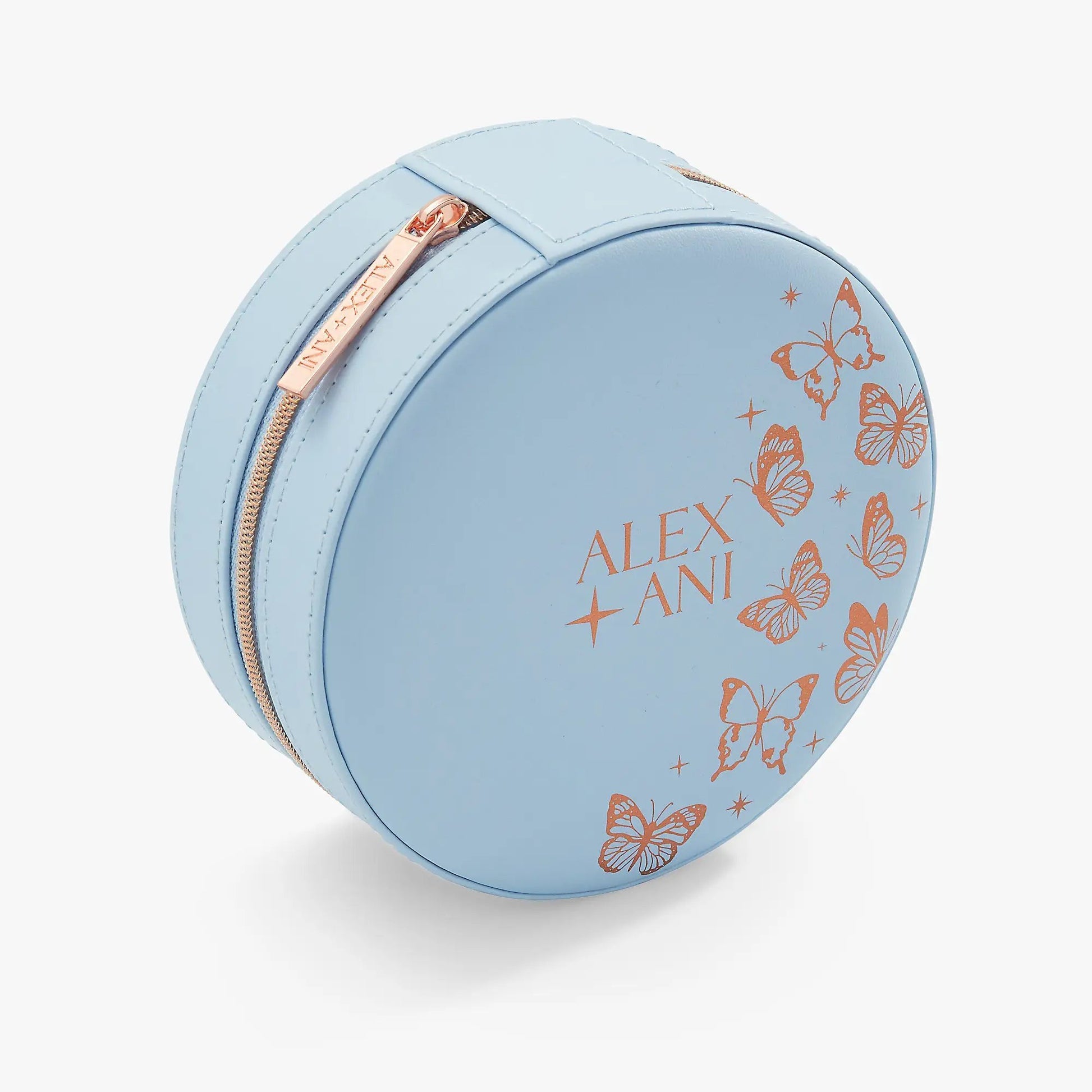 Butterfly Jewelry Case light blue round with rose gold zipper by ALEX AND ANI butterfly print on Tampa Home & Garden Store