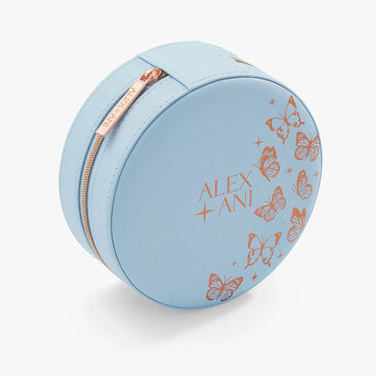 Butterfly Jewelry Case light blue round with rose gold zipper by ALEX AND ANI butterfly print on Tampa Home & Garden Store