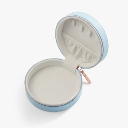 Butterfly Jewelry Case by ALEX AND ANI, light blue round box with rose-gold zipper interior on Tampa Home & Garden Store