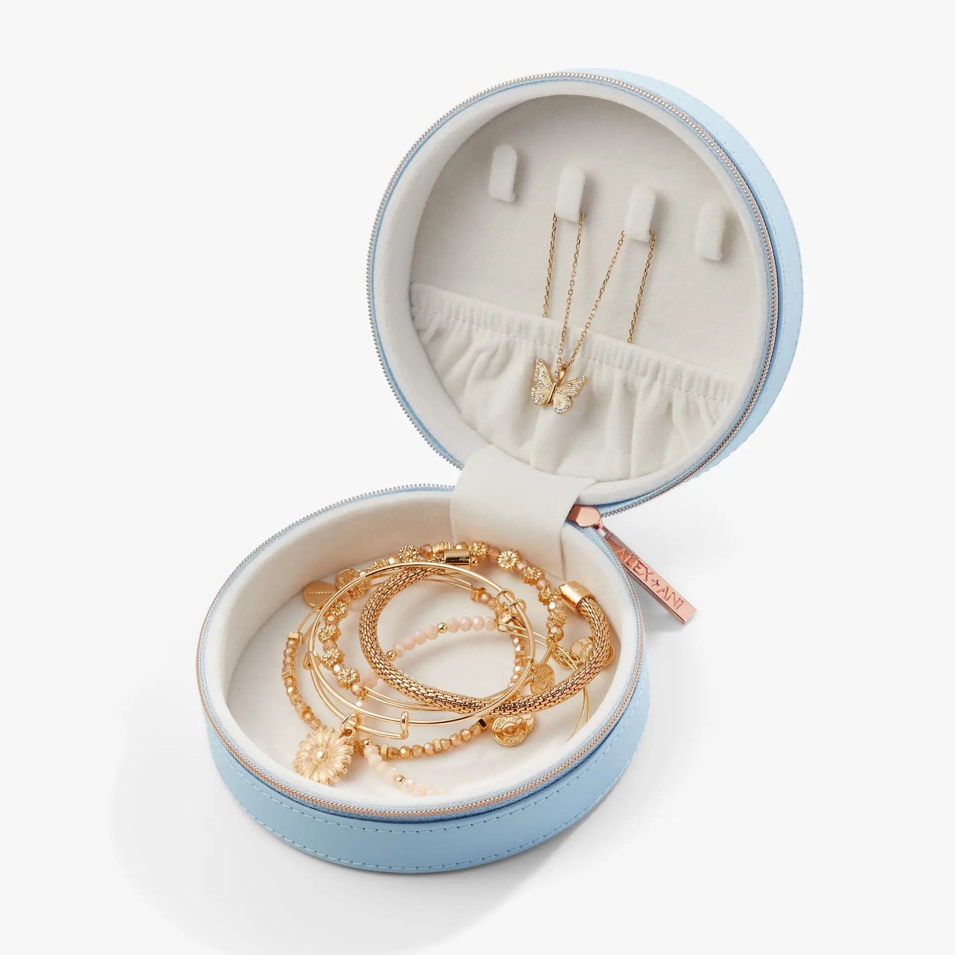 Butterfly Jewelry Case, blue exterior, white interior, holds butterfly pendant necklace on Tampa Home & Garden Store