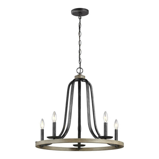 Rustic 5 Light Dimmable Farm Home Circle Metal Chandelier Oak Finish - Tampa Home & Garden Store