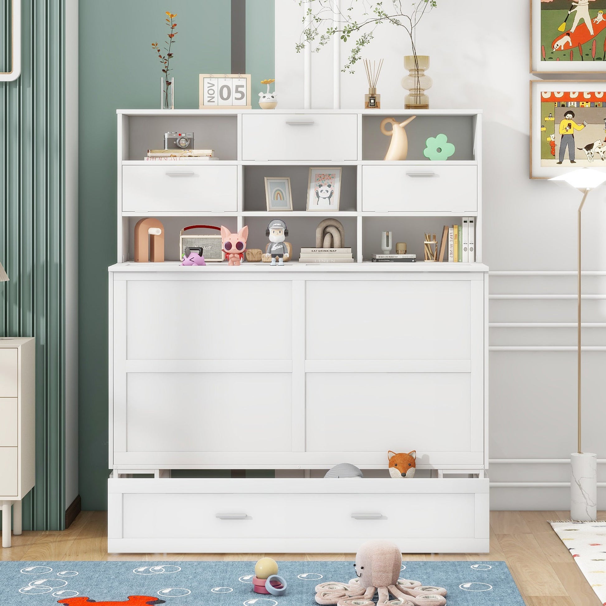 ueen Size Murphy Bed with Bookcase, Bedside Shelves and a Big Drawer, White - Tampa Home & Garden Store