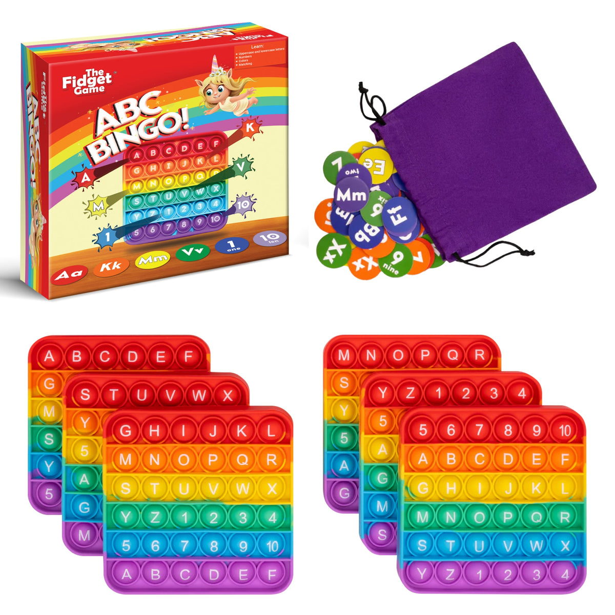 ABC Bingo game by The Fidget Games, two rainbow bead boards with purple pouch, toy on Tampa Home & Garden Store