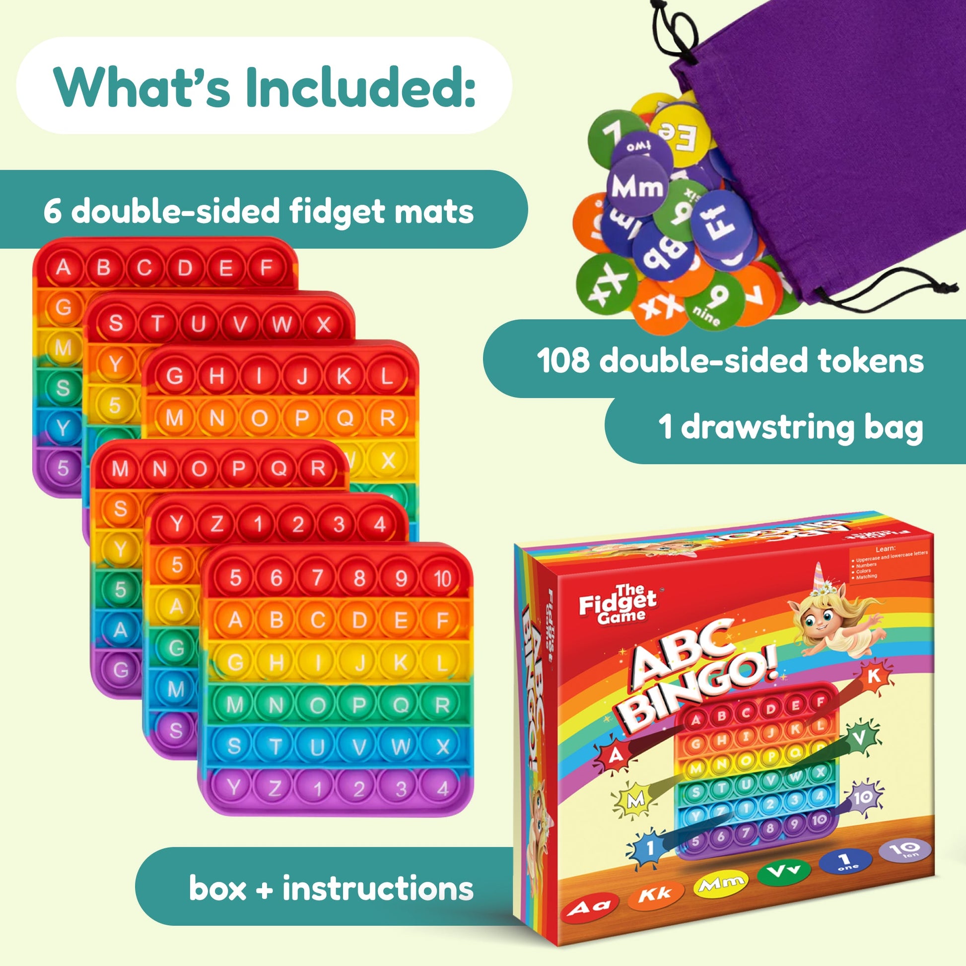 ABC Bingo! by Fidget Games; rainbow double-sided alphabet mats with 108 tokens and bag on Tampa Home & Garden Store