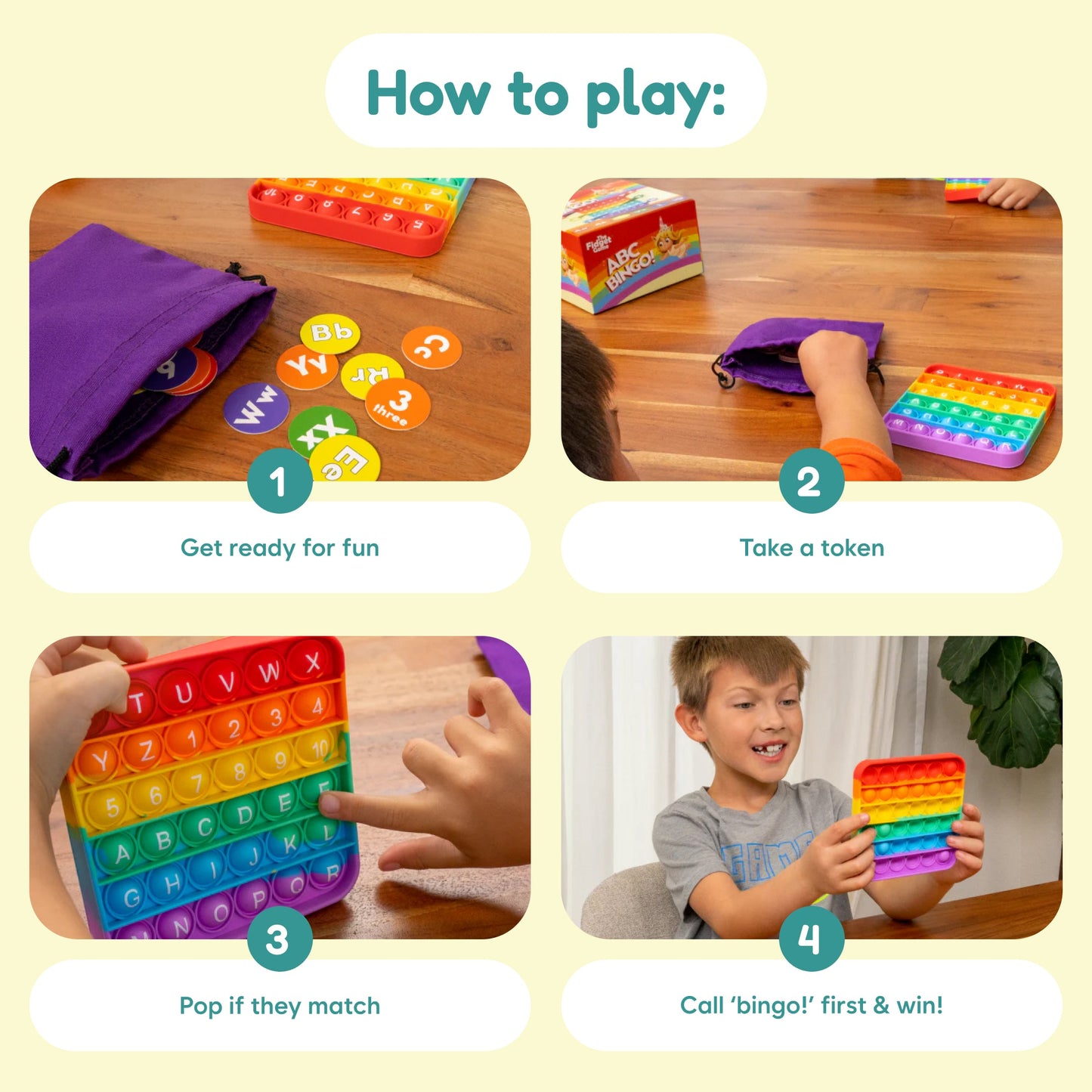 ABC BINGO! rainbow learning game by The Fidget Games with colorful letter tokens and storage bag on Tampa Home & Garden Store