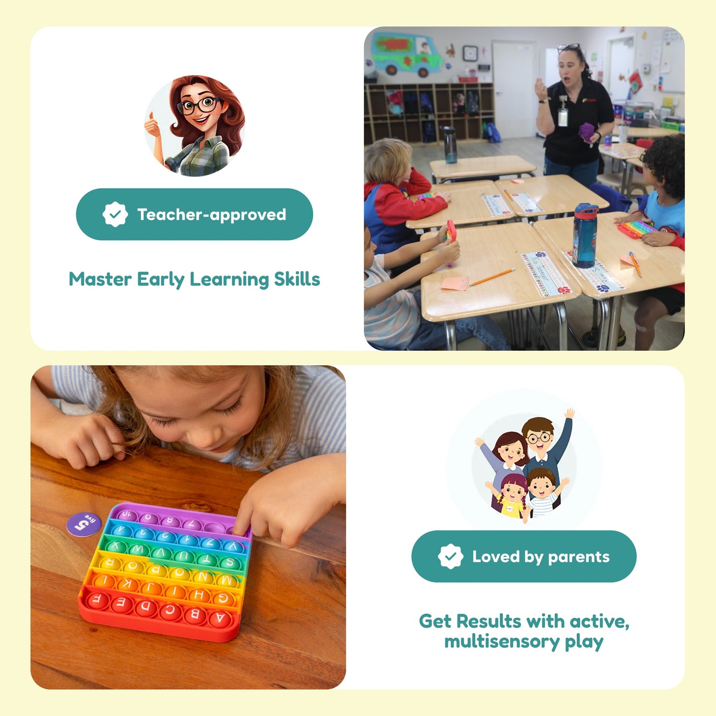 ABC BINGO! educational toy by The Fidget Games in a classroom with kids and a teacher, colorful alphabet tiles on Tampa Home & Garden Store
