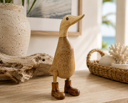 Bali hand-carved bamboo duck sculpture in two-tone wood with boots by The Broward Design Center on Tampa Home & Garden Store