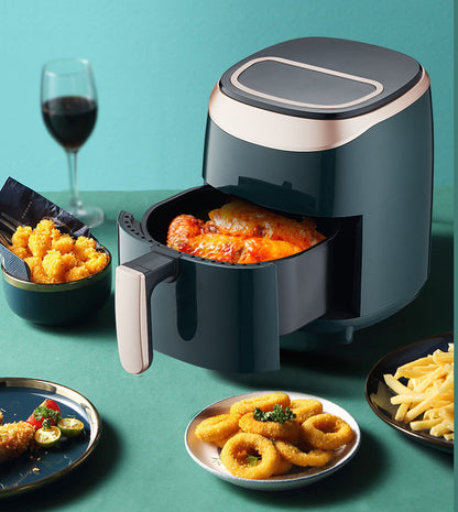 Visual air fryer 3.5L in dark teal with beige trim; open basket shows chicken wings and fries on Tampa Home & Garden Store