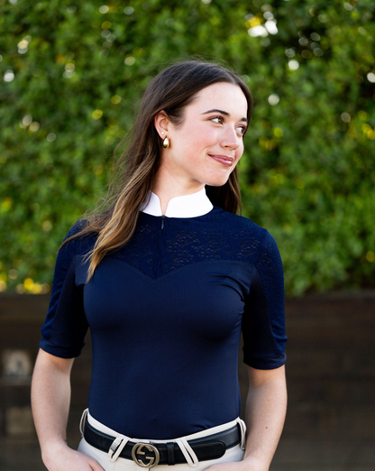 OLIVIA Show Shirt by BellEq Equestrian Apparel; navy blue with lace yoke and white collar on Tampa Home & Garden Store