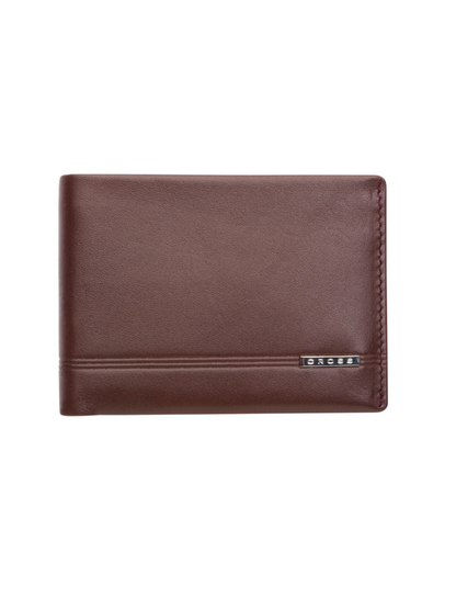 Bi-Fold Slim Card Wallet brown leather with stitched edge and metal logo badge on Tampa Home & Garden Store