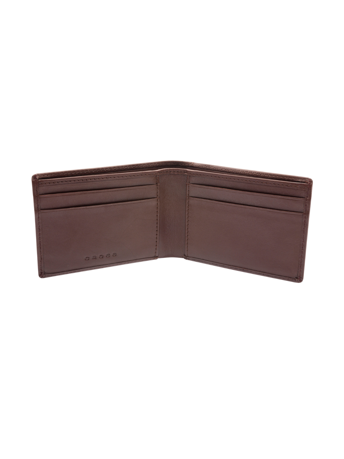 Bi-Fold Slim Card Wallet by A.T. Cross, brown leather, open with four card slots on Tampa Home & Garden Store