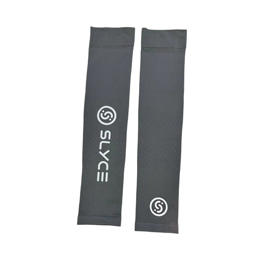 Signature Performance Sleeves by Slyce Sport, gray compression arm sleeves with white logo on Tampa Home & Garden Store