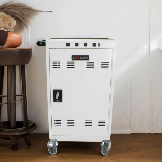 Mobile charging cart for tablets ARTMAN white metal cabinet on caster wheels with outlets on Tampa Home & Garden Store