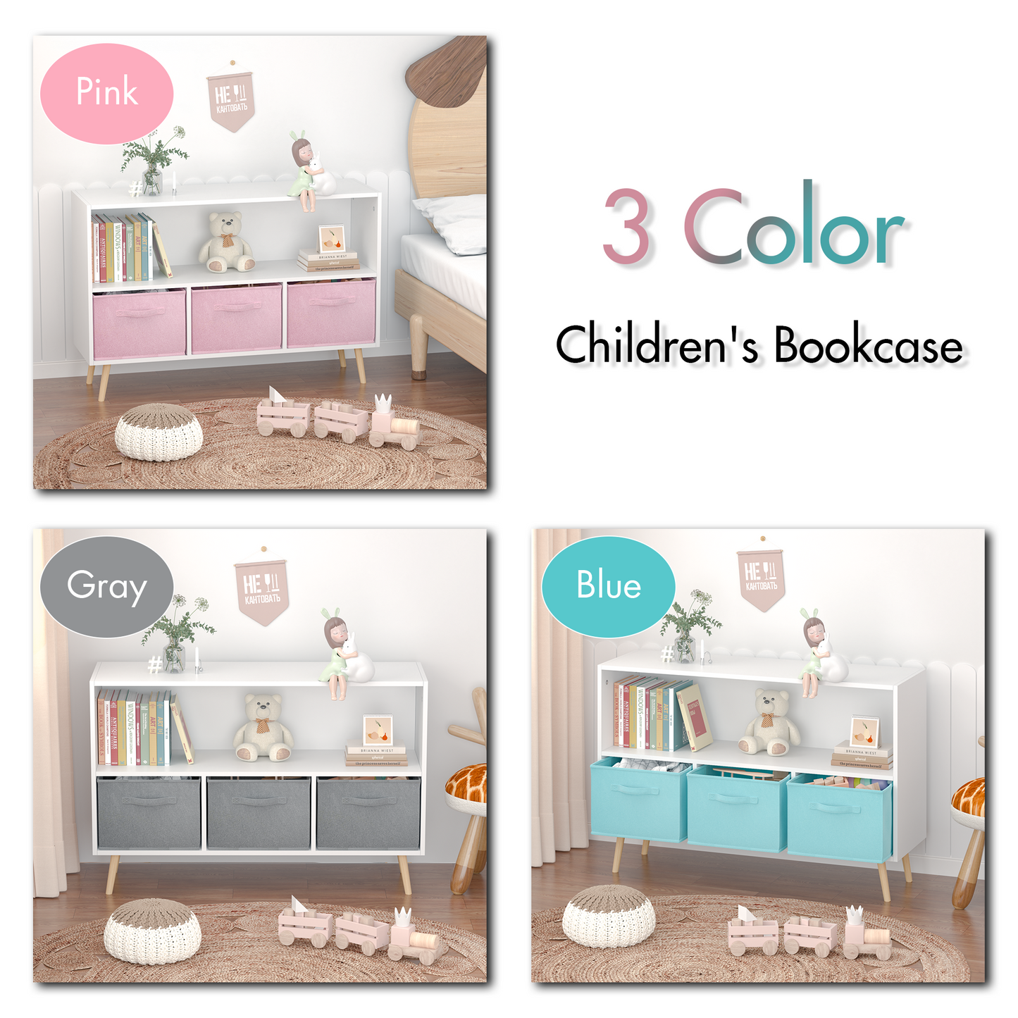 Kids bookcase with Collapsible Fabric Drawers Children's Book Display Toy Storage Cabinet Organizer White/Blue - Tampa Home & Garden Store