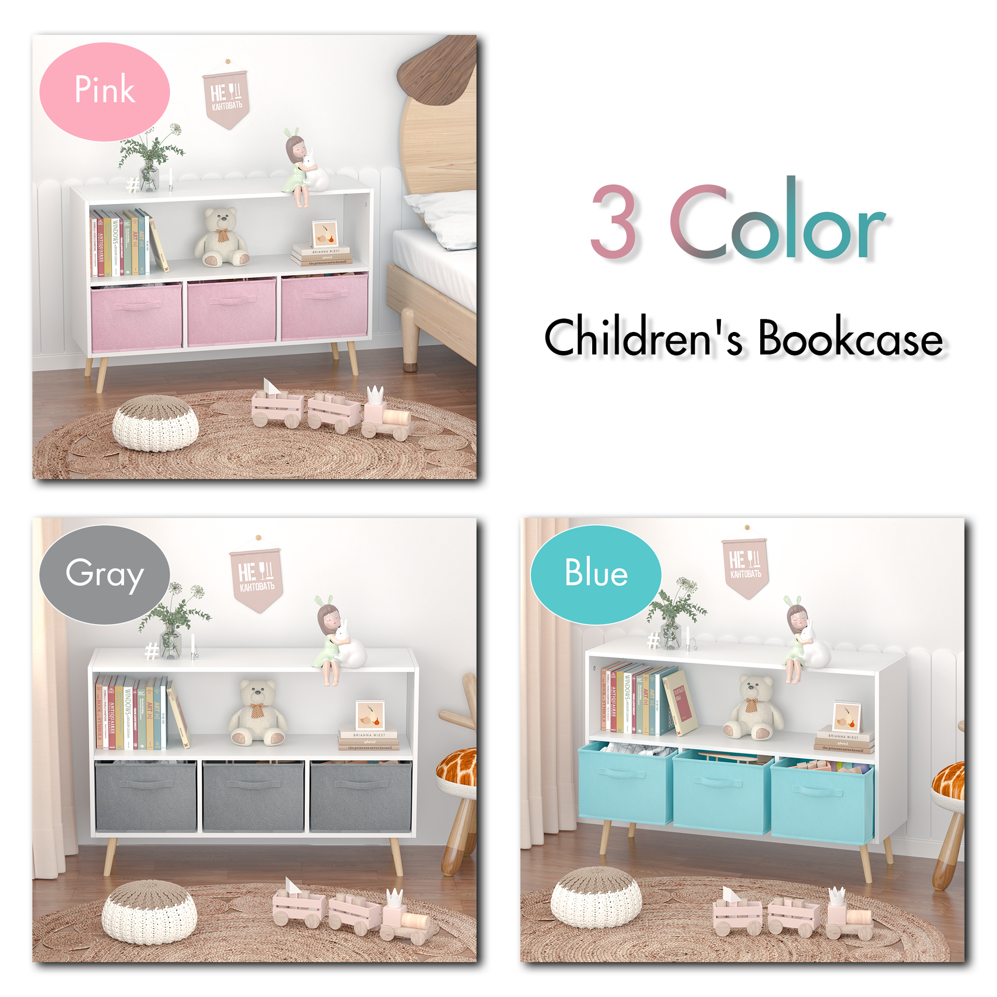 Kids bookcase with Collapsible Fabric Drawers Children's Book Display Toy Storage Cabinet Organizer White/Blue - Tampa Home & Garden Store