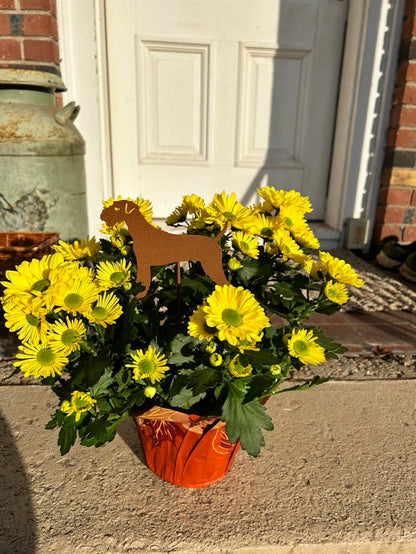 Airedale Terrier Plant Stake / Pet Memorial rusted metal silhouette in a yellow chrysanthemum pot on Tampa Home & Garden Store