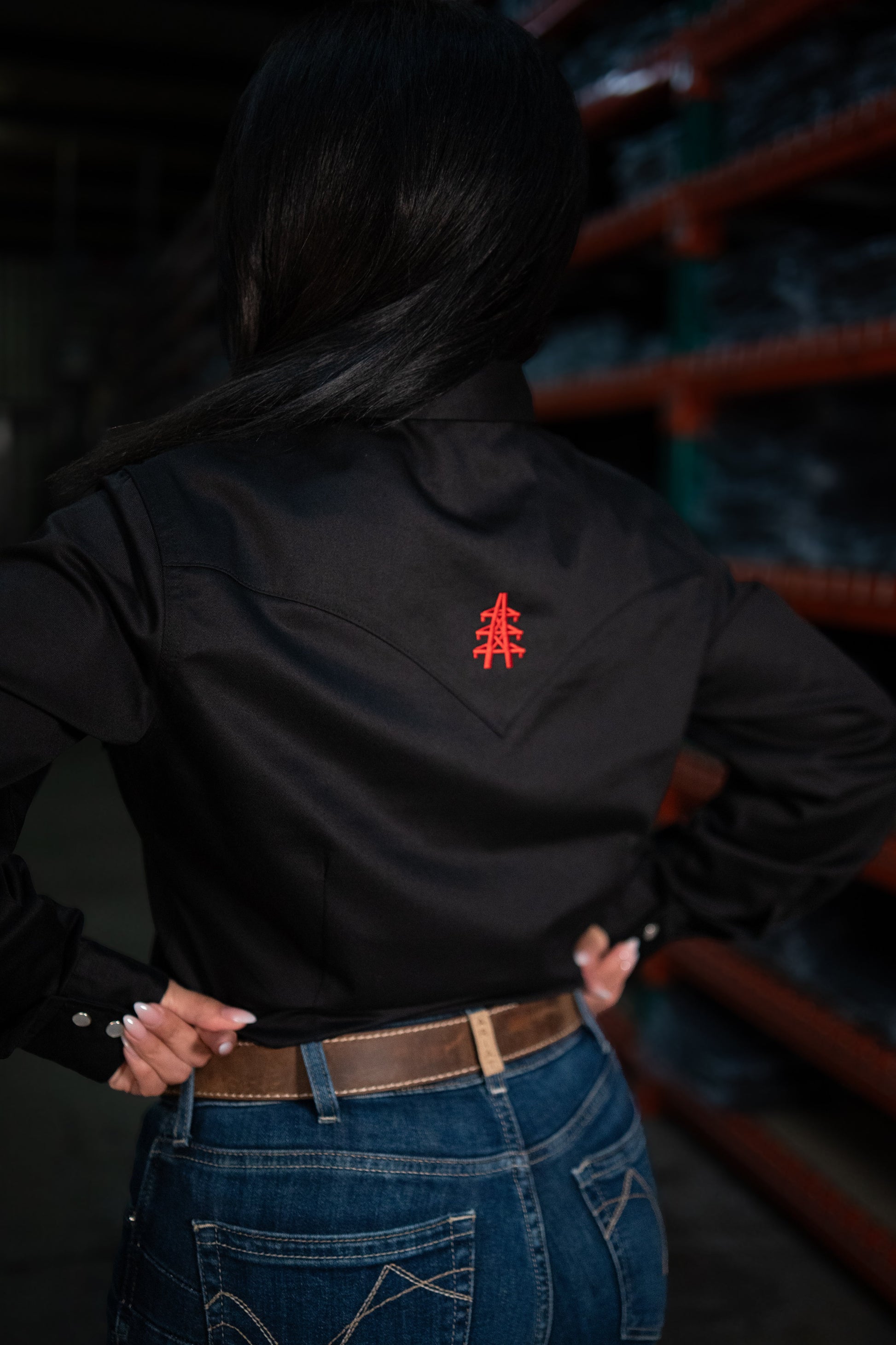 Women's flame-resistant Pearl Snap Western Black shirt by Static FR with red embroidered logo on back on Tampa Home & Garden Store