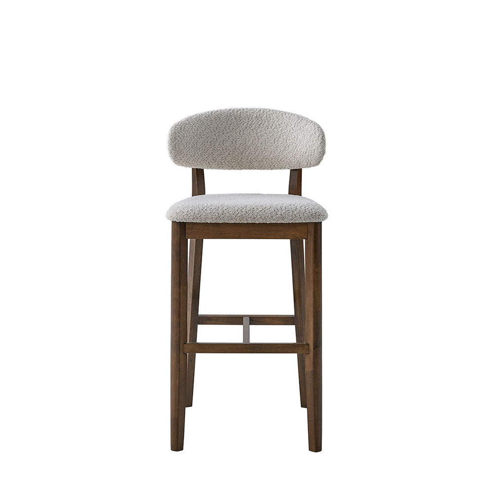ACTU Bar Stool, 30in tall, solid wood frame, beige boucle upholstery, mid-century modern on Tampa Home & Garden Store