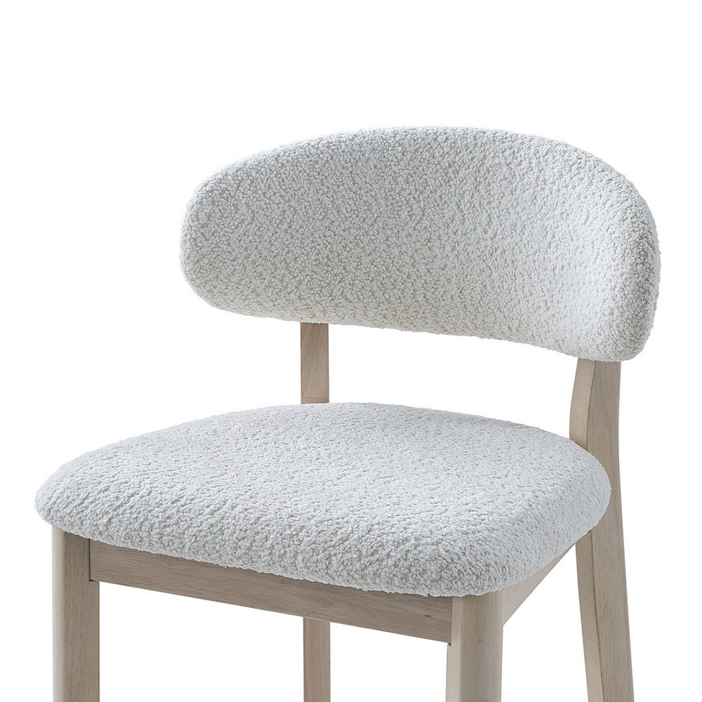 ACTU Bar Stool, 30” upholstered cream boucle seat and back, solid wood legs, mid-century modern on Tampa Home & Garden Store