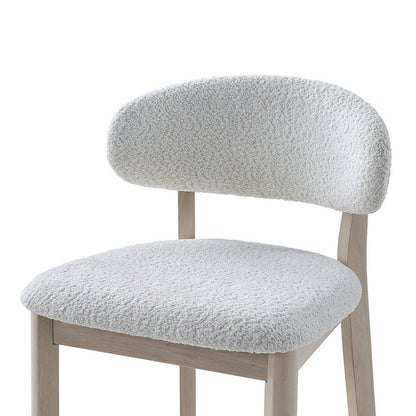 ACTU Bar Stool, 30” upholstered cream boucle seat and back, solid wood legs, mid-century modern on Tampa Home & Garden Store