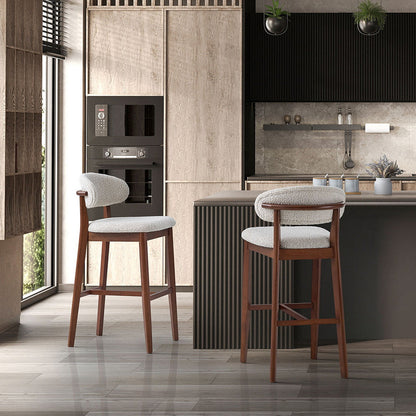 ACTU Bar Stools set of 2, 30” upholstered bar height, solid wood frame, light gray fabric on Tampa Home & Garden Store