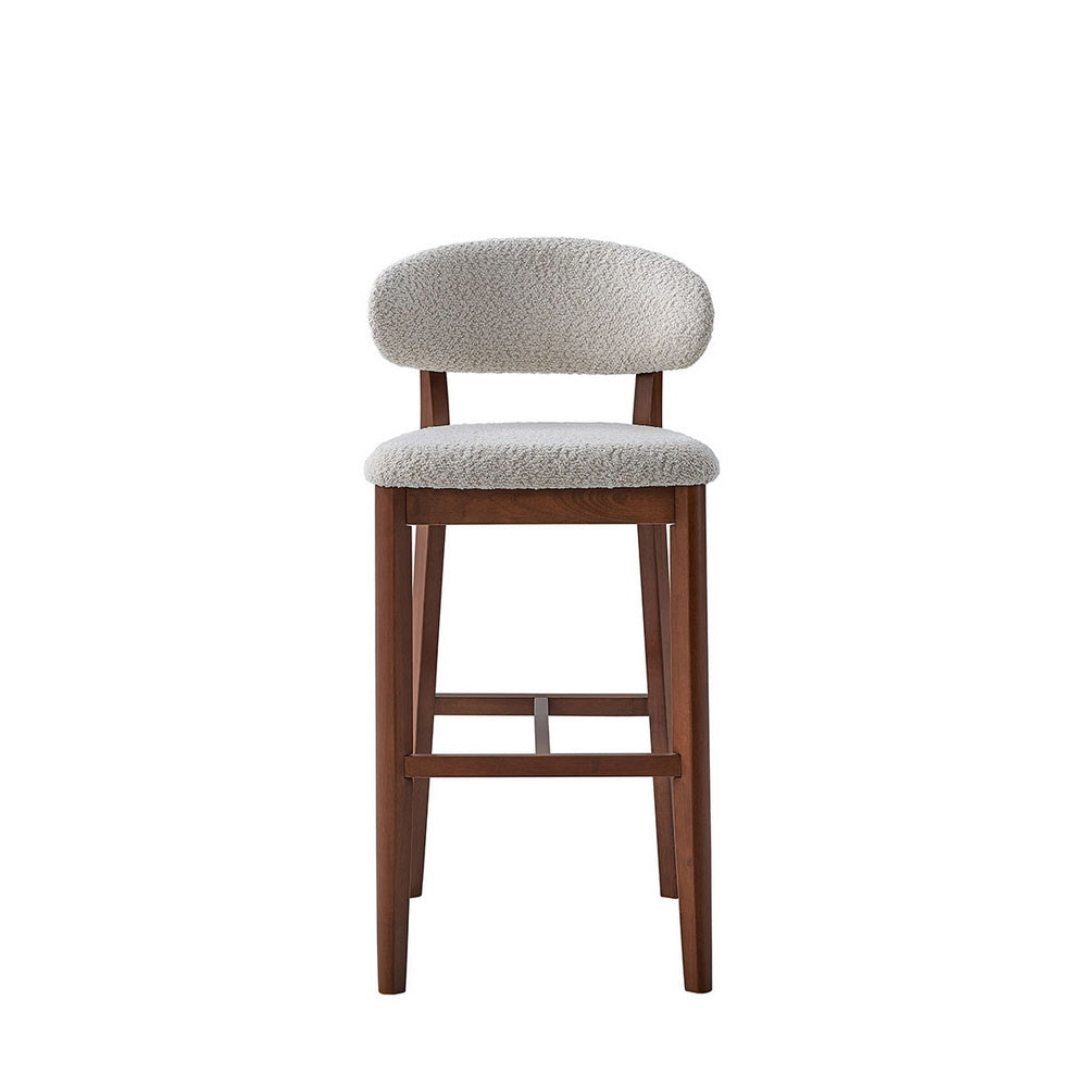 ACTU Bar Stool 30” solid wood frame with light boucle upholstered seat and backrest midcentury on Tampa Home & Garden Store