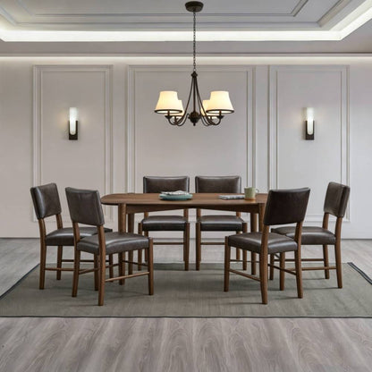 ACTU FURNITURE 58” mid-century dining set seats six with wooden table and brown leather chairs on Tampa Home & Garden Store