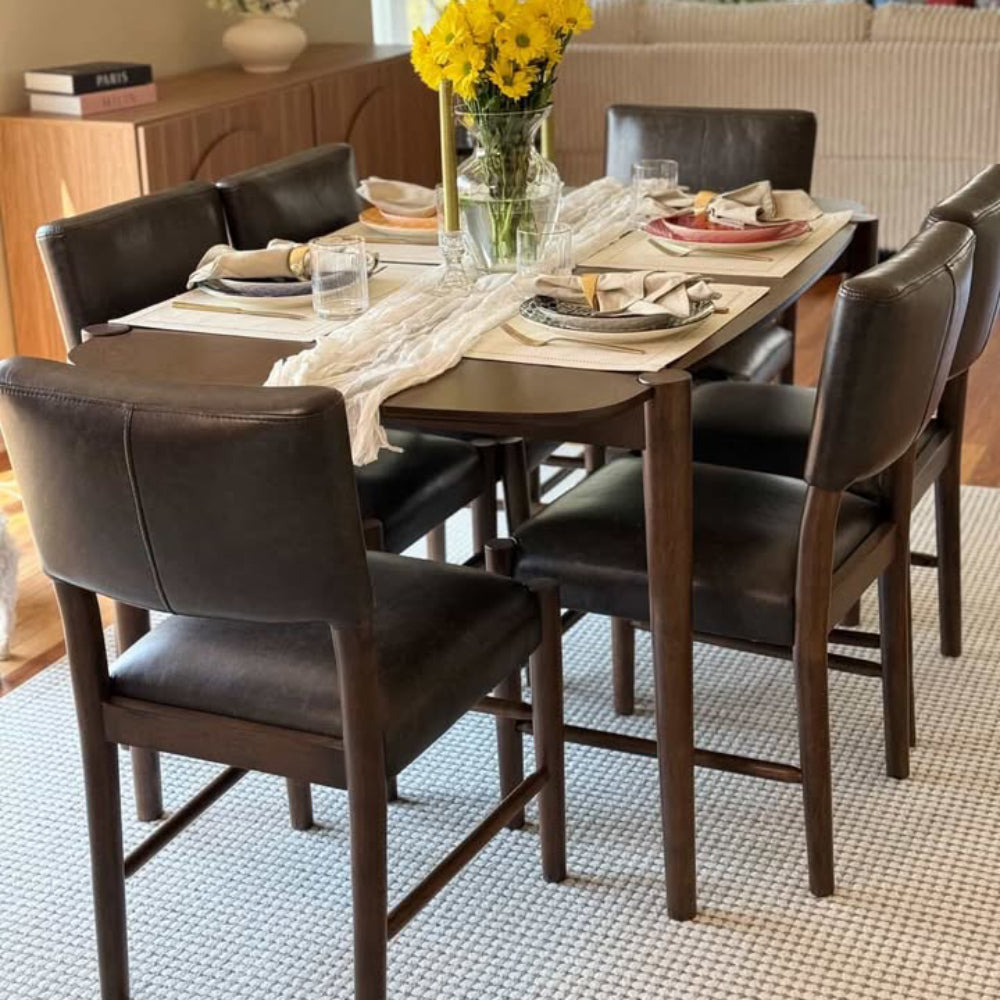 ACTU 58in Mid-Century Modern Dining Table Set with 6 dark leather chairs on Tampa Home & Garden Store