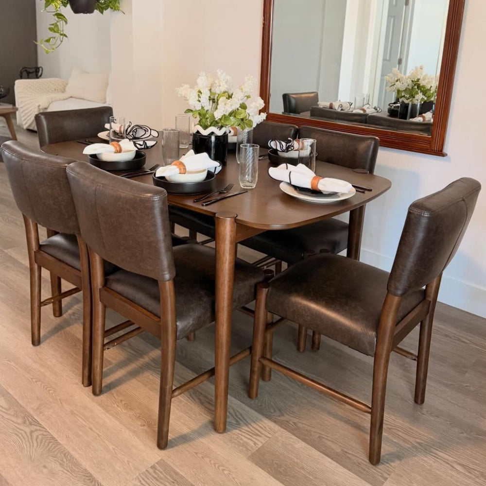 ACTU 58-inch Mid-Century Dining Table Set with brown leather chairs seats 4–6 on Tampa Home & Garden Store